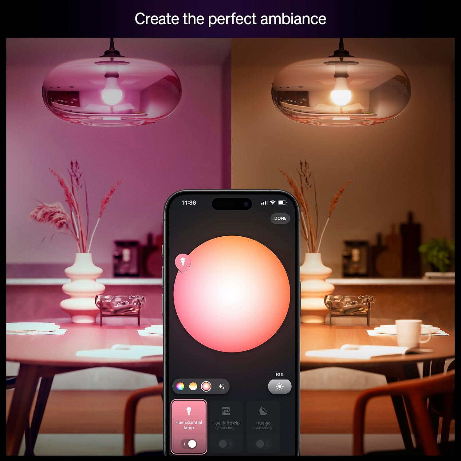 imagePhilips Hue Essential Smart LED A19 Bulb White and Color Ambiance E26 Base 88W 2200K6500K 800 Lumens Dimmable Works with Alexa Google and Apple Home 1Pack2 Pack