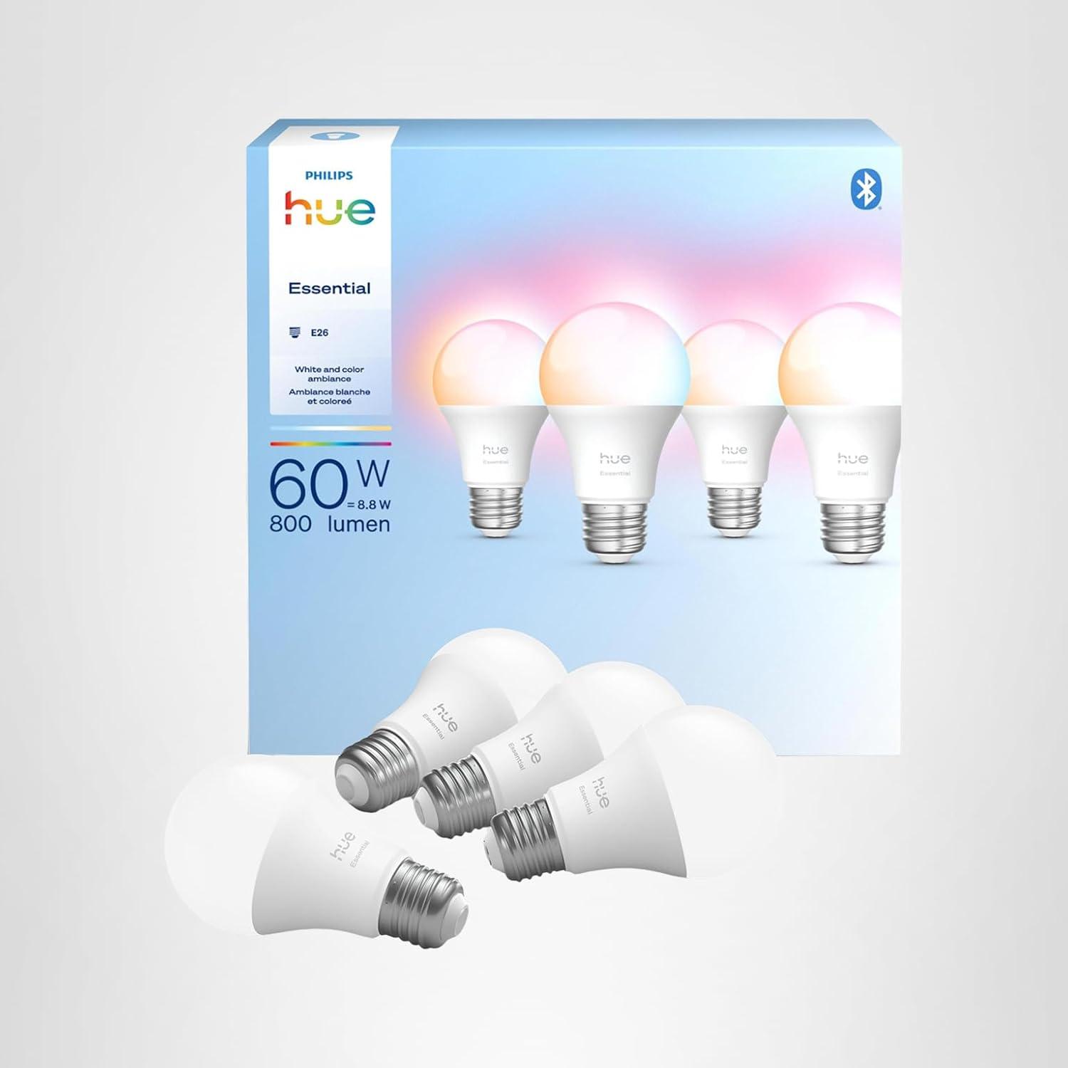imagePhilips Hue Essential Smart LED A19 Bulb White and Color Ambiance E26 Base 88W 2200K6500K 800 Lumens Dimmable Works with Alexa Google and Apple Home 1Pack4 Pack