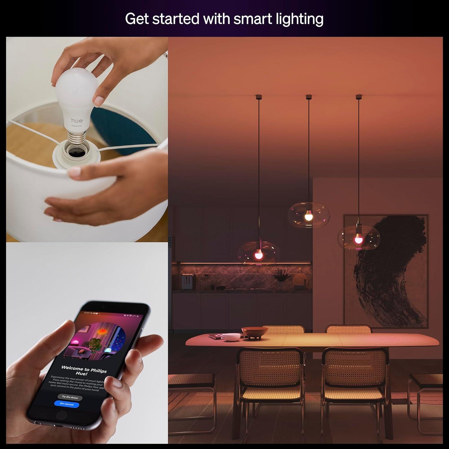 imagePhilips Hue Essential Smart LED A19 Bulb White and Color Ambiance E26 Base 88W 2200K6500K 800 Lumens Dimmable Works with Alexa Google and Apple Home 1Pack2 Pack