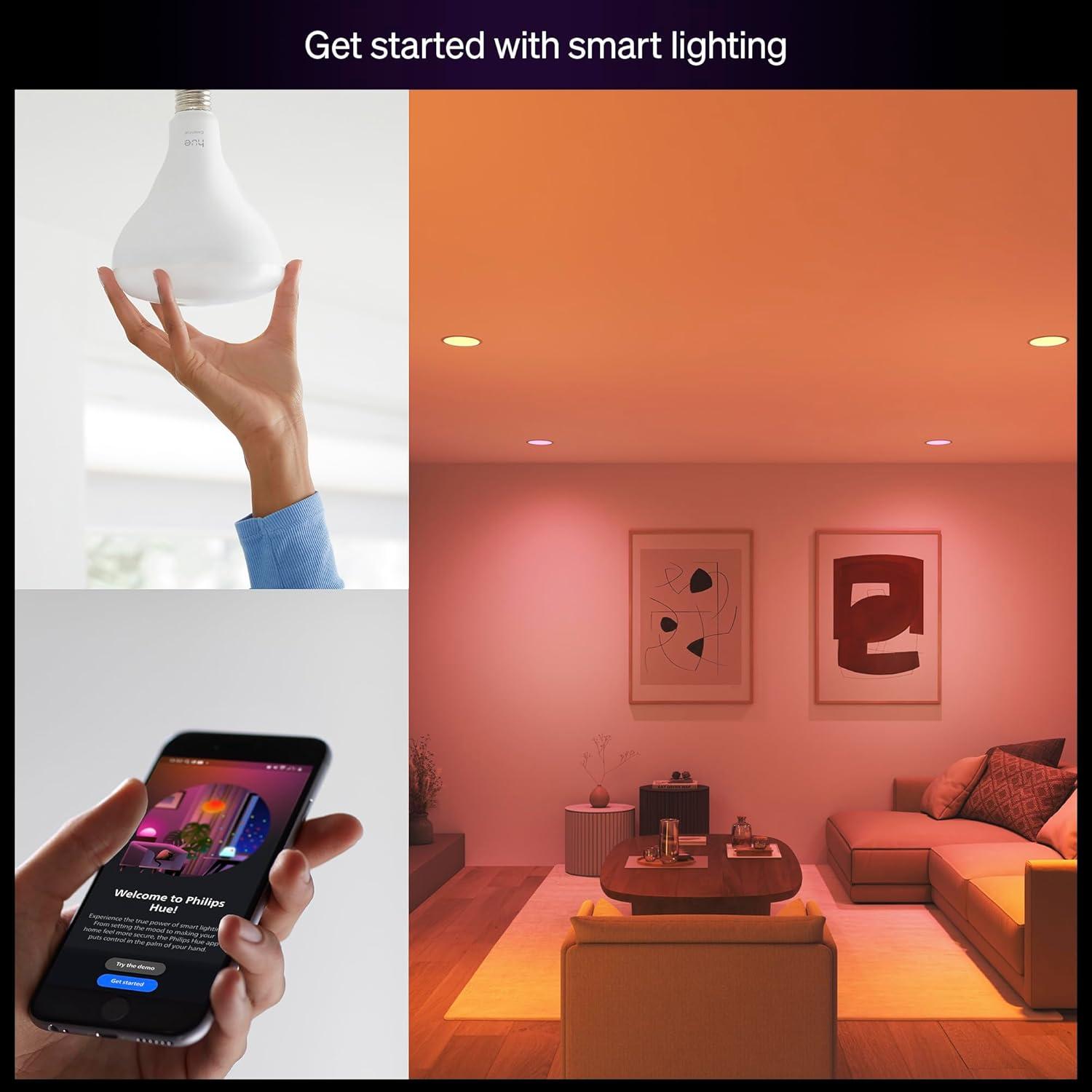 imagePhilips Hue Essential Smart LED BR30 Bulb 2Pack White and Color Ambiance E26 72W 2200K6500K 650 Lumens Dimmable Works with Alexa Google Assistant Apple Home2 Pack