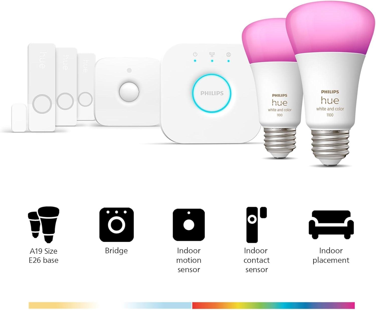 imagePhilips Hue Secure Starter Kit 3 Secure Contact Sensors White Indoor Motion Sensor Bridge 2 White amp Color Ambiance Smart Bulbs Easy to Install Works with Hue App2 Bulbs Bridge Sensors