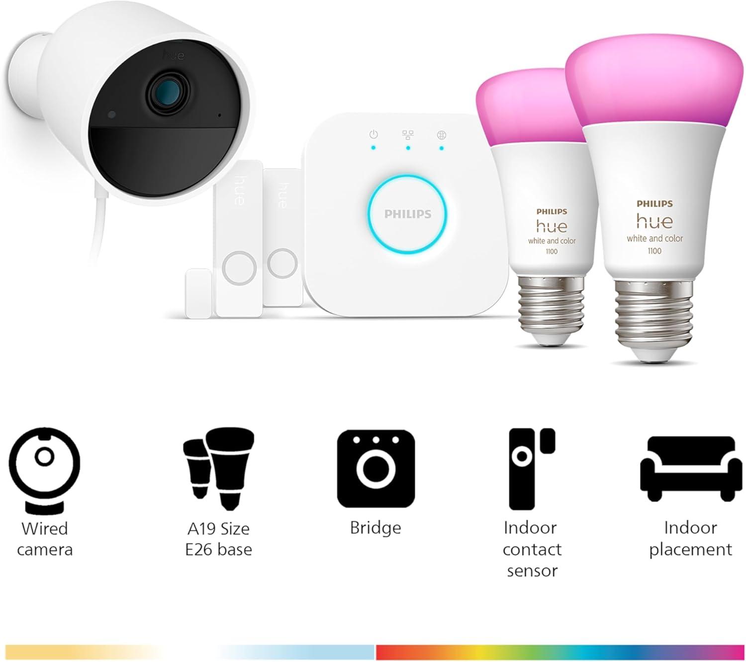 imagePhilips Hue Secure Starter Kit  3 Secure Contact Sensors White Indoor Motion Sensor Bridge 2 White amp Color Ambiance Smart Bulbs Easy to Install Works with Hue App2 Bulbs  Bridge  Security Camera  Sensors