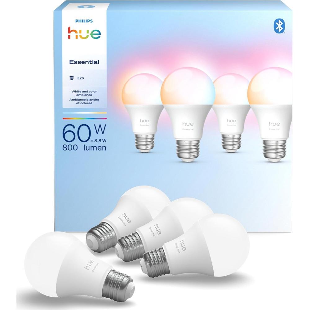 imagePhilips Hue Essential Smart LED A19 Bulb White and Color Ambiance E26 Base 88W 2200K6500K 800 Lumens Dimmable Works with Alexa Google and Apple Home 1Pack4 Pack