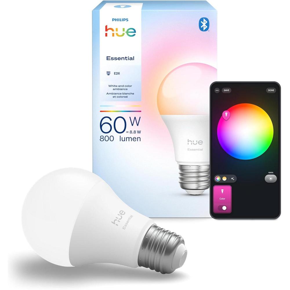 imagePhilips Hue Essential Smart LED A19 Bulb White and Color Ambiance E26 Base 88W 2200K6500K 800 Lumens Dimmable Works with Alexa Google and Apple Home 1Pack1 Pack