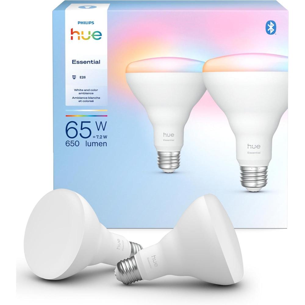imagePhilips Hue Essential Smart LED BR30 Bulb 2Pack White and Color Ambiance E26 72W 2200K6500K 650 Lumens Dimmable Works with Alexa Google Assistant Apple Home2 Pack