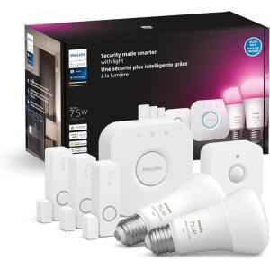 Philips Hue Secure Starter Kit – 3 Secure Contact Sensors (White), Indoor Motion Sensor, Bridge, 2 White & Color Ambiance Smart Bulbs, Easy to Install, Works with Hue App(2 Bulbs + Bridge + Sensors)