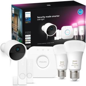 Philips Hue Secure Starter Kit – 3 Secure Contact Sensors (White), Indoor Motion Sensor, Bridge, 2 White & Color Ambiance Smart Bulbs, Easy to Install, Works with Hue App(2 Bulbs + Bridge + Security Camera + Sensors)