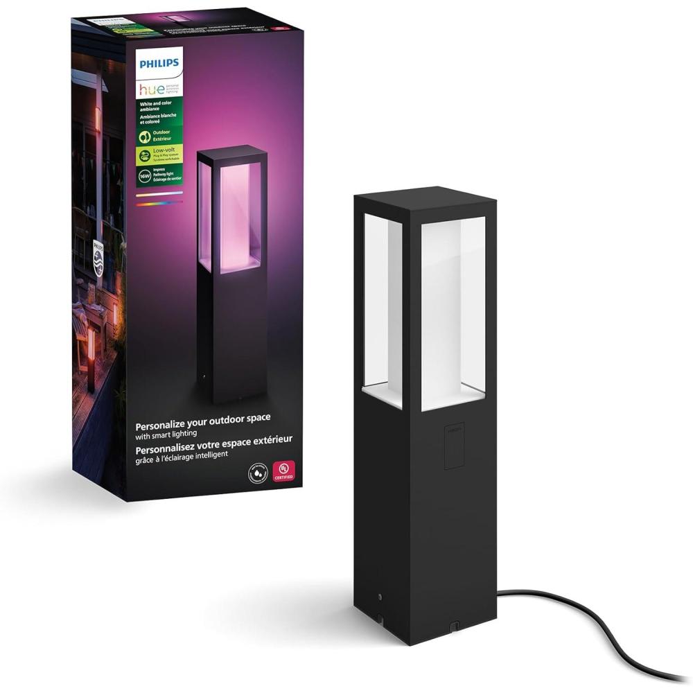 imagePhilips Hue Impress Outdoor Smart Wall Light Black 16W White and Color Ambiance LED Light 1 Pack Requires Hue Bridge and Outdoor Power Supply Control with Hue App and Voice WeatherproofPedestal