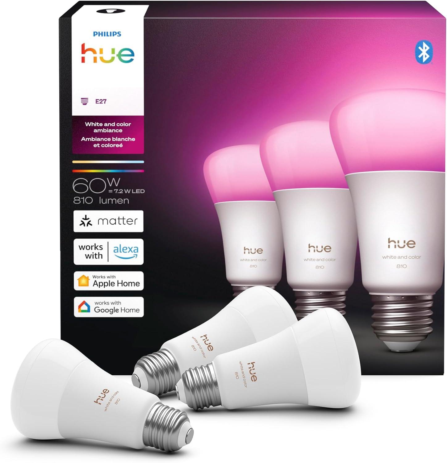 imagePhilips Hue A19 LED Smart Light Bulb White and Color Ambiance 60W Indoor Light Bulb Control with Hue App Works with Alexa Google Assistant and Apple Homekit 3 PackChromasync