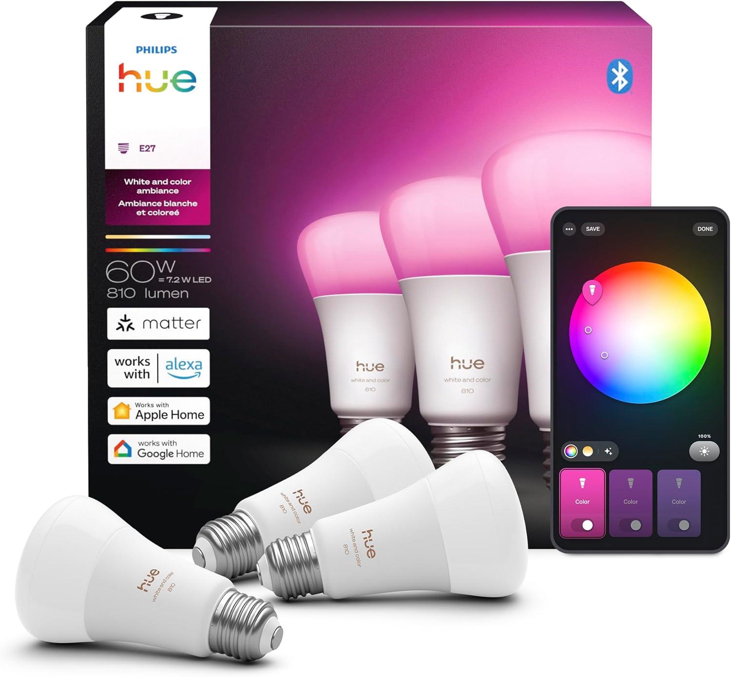 imagePhilips Hue A19 LED Smart Light Bulb White and Color Ambiance 60W Indoor Light Bulb Control with Hue App Works with Alexa Google Assistant and Apple Homekit 3 PackChromasync