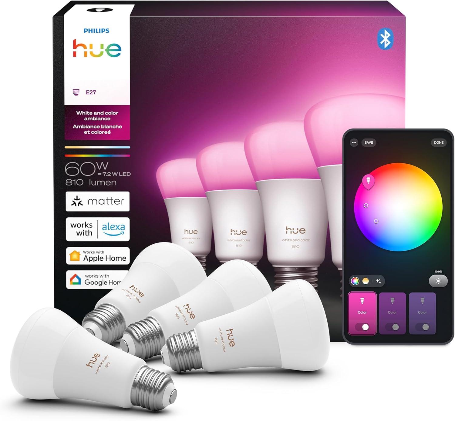 imagePhilips Hue A19 LED Smart Light Bulb White and Color Ambiance 60W Indoor Light Bulb Control with Hue App Works with Alexa Google Assistant and Apple Homekit 3 PackChromasync