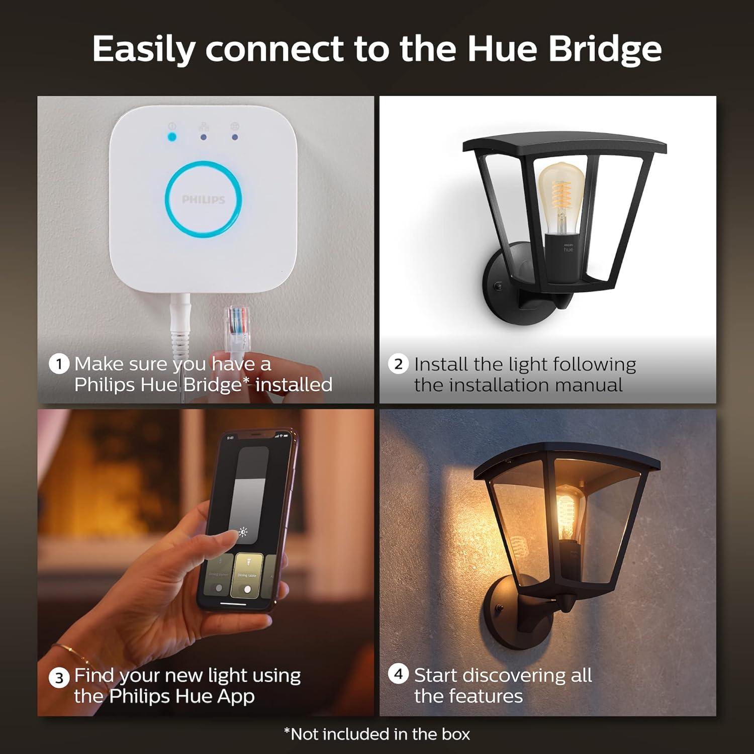 imagePhilips Hue Inara Outdoor Smart Wall Light Black E26 White Filament LED Bulb 1 Pack Requires Hue Bridge Control with Hue App and Voice WeatherproofInara Filament