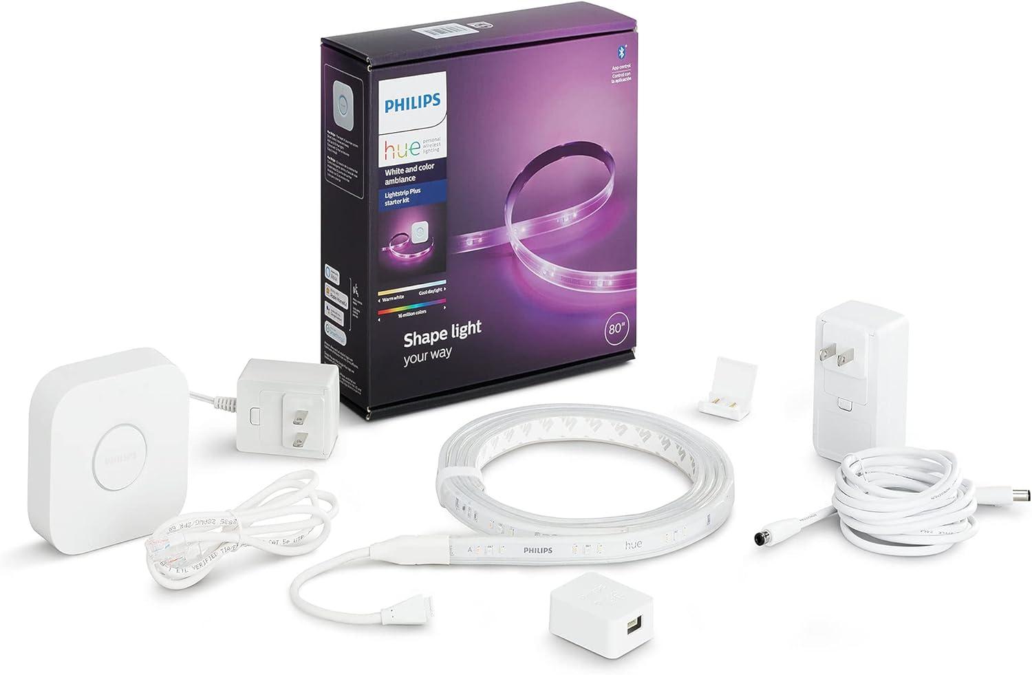 imagePhilips Hue Lightstrip Starter Kit Extension 1 Hue Hub 9ft lightstrip Power Plug Sync with Music Compatible with Alexa Apple HomeKit Google Assistant