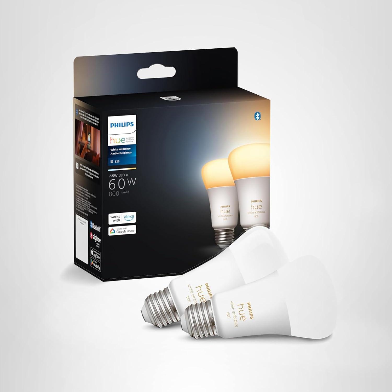 imagePhilips Hue Smart LED A19 Bulb White Ambiance E26 Base 72W Full Spectrum Light 1000K20000K 810 Lumens Dimmable Works with Alexa Google and Apple Home 2pkOriginal