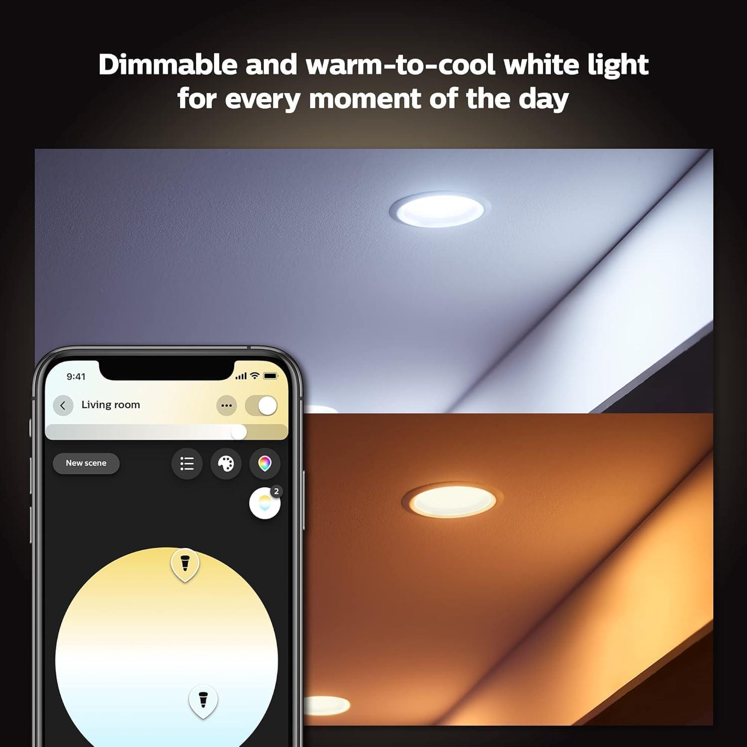 imagePhilips Hue Smart Recessed 56 Inch LED Downlight White and Color Ambiance ColorChanging Light 1 Pack 1100LM Control with Hue App Compatible with Alexa Google Assistant and Apple HomekitWhite Ambiance