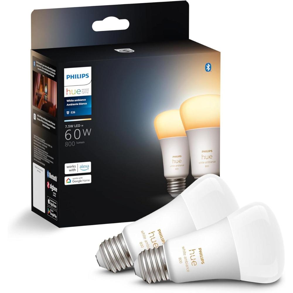 imagePhilips Hue Smart LED A19 Bulb White Ambiance E26 Base 72W Full Spectrum Light 1000K20000K 810 Lumens Dimmable Works with Alexa Google and Apple Home 2pkOriginal