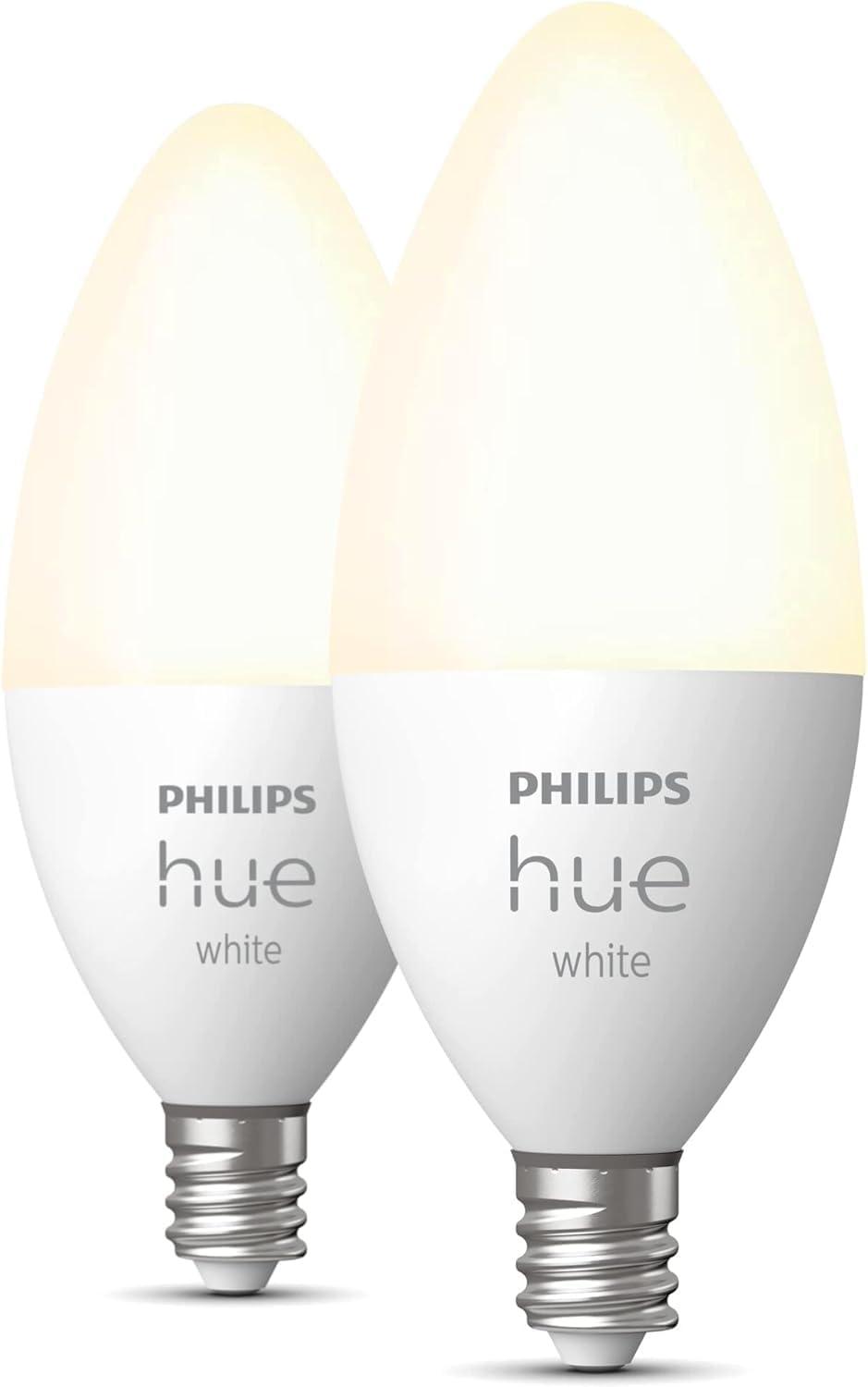 imagePhilips Hue Smart 40W B39 CandleShaped LED Bulb Soft Warm White Light 2 Pack 450LM E12 Indoor Control with Hue App Works with Alexa Google Assistant and Apple Homekit