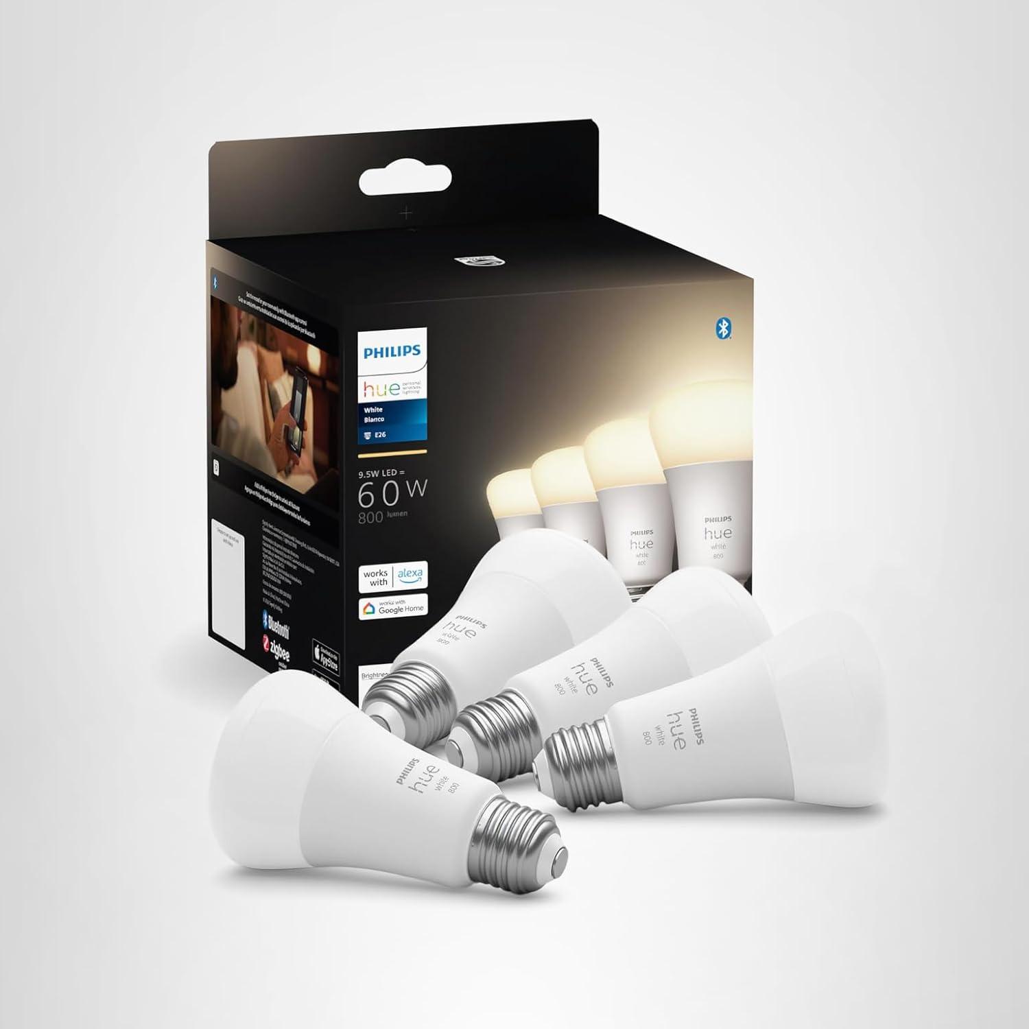 imagePhilips Hue Smart 60W A19 LED Bulb Soft Warm White Light 4 Pack 800LM E26 Indoor Control with Hue App Works with Alexa Google Assistant and Apple HomekitOriginal