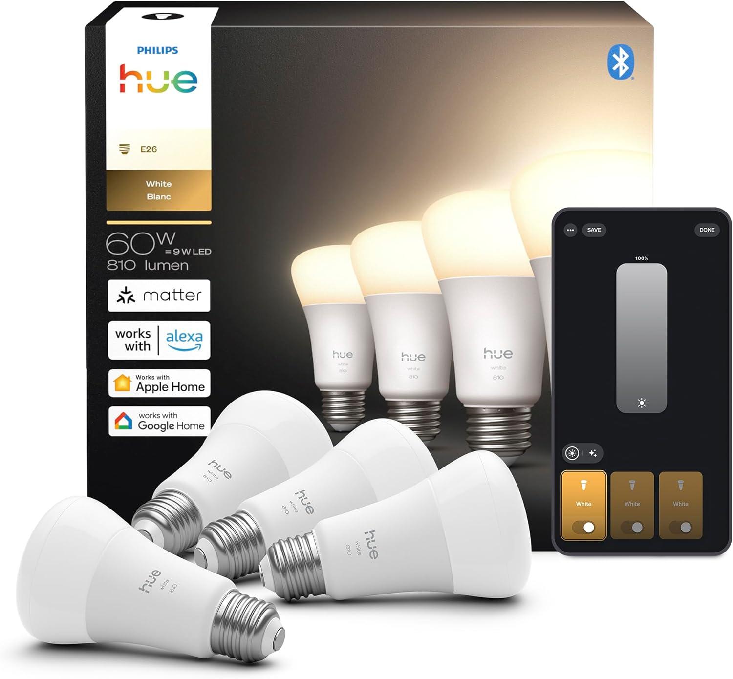 imagePhilips Hue Smart 60W A19 LED Bulb Soft Warm White Light 4 Pack 800LM E26 Indoor Control with Hue App Works with Alexa Google Assistant and Apple HomekitRevamped