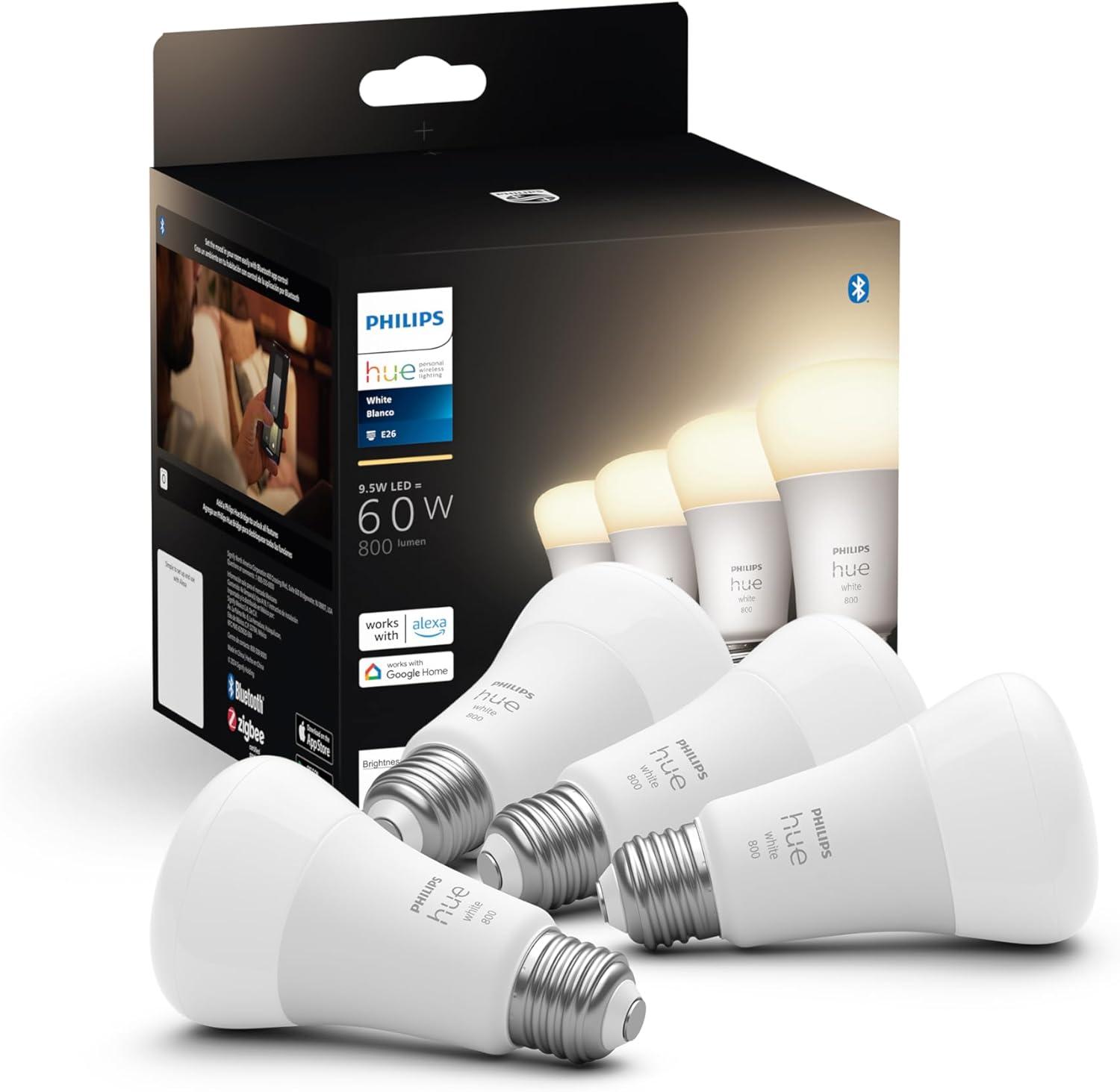 imagePhilips Hue Smart 60W A19 LED Bulb Soft Warm White Light 4 Pack 800LM E26 Indoor Control with Hue App Works with Alexa Google Assistant and Apple HomekitOriginal