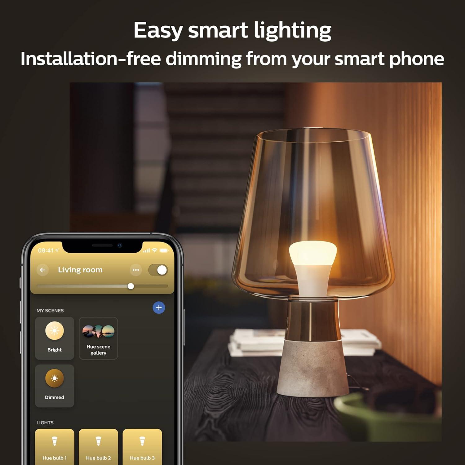 imagePhilips Hue Smart 60W A19 LED Bulb Soft Warm White Light 4 Pack 800LM E26 Indoor Control with Hue App Works with Alexa Google Assistant and Apple HomekitRevamped