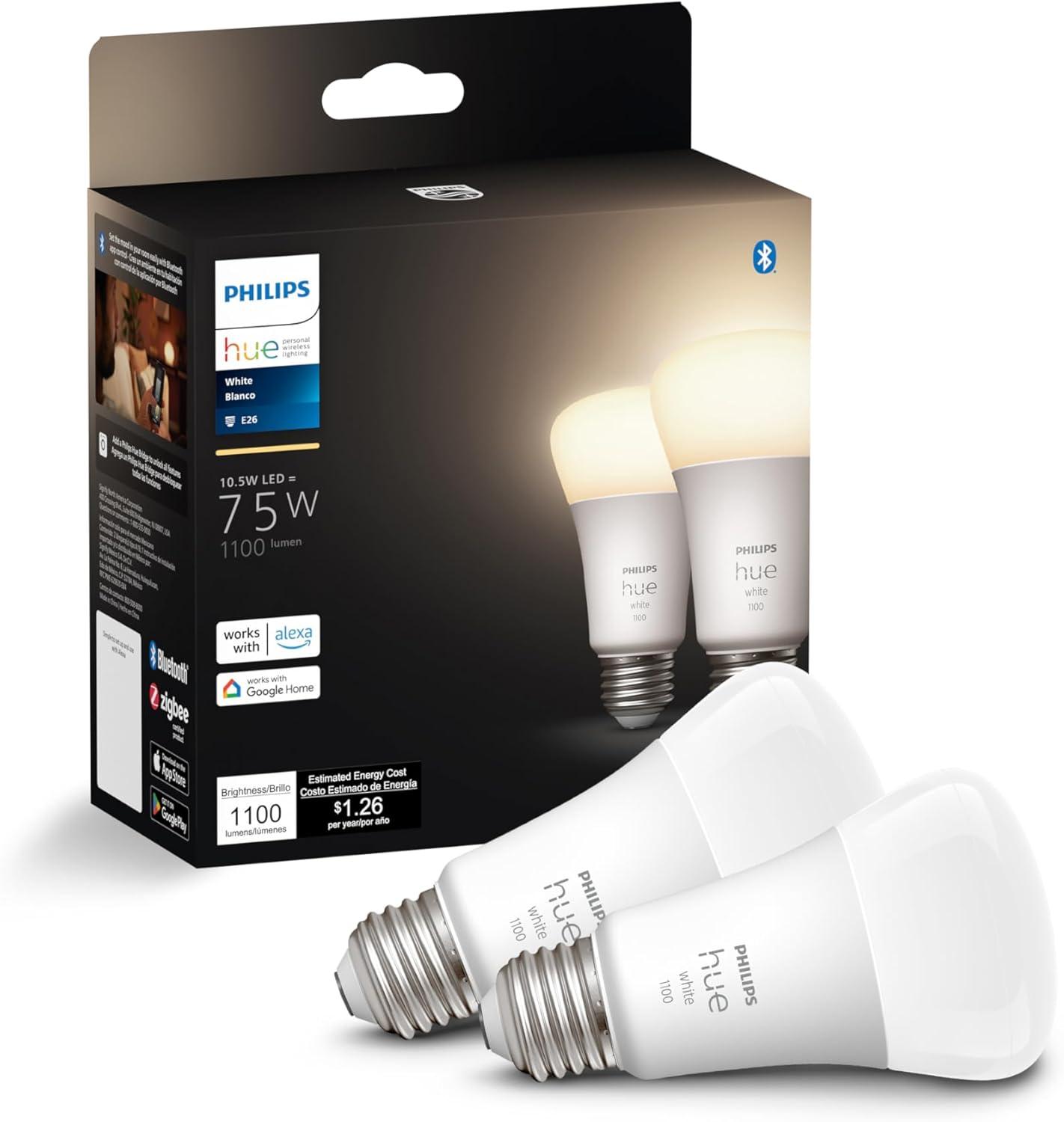 imagePhilips Hue Smart 75W A19 LED Bulb Soft Warm White Light 2 Pack 1100LM E26 Indoor Control with Hue App Works with Alexa Google Assistant and Apple HomekitOriginal