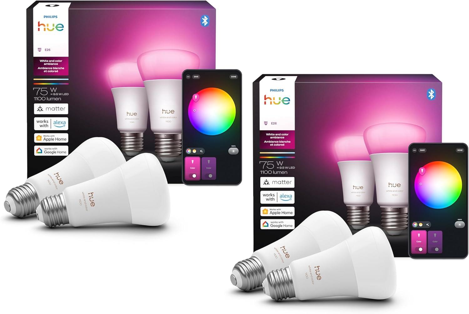 imagePhilips Hue Smart LED A19 Bulb 1Pack White amp Color Ambiance E26 Base 105W Full Spectrum Light 1000K20000K 1100 Lumens Dimmable Works with Alexa Google AppleChromasync