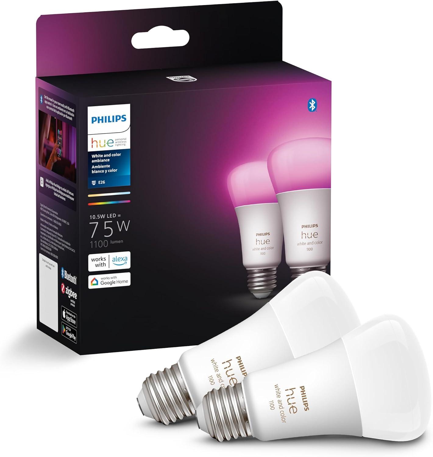 imagePhilips Hue Smart LED A19 Bulb 1Pack White amp Color Ambiance E26 Base 105W Full Spectrum Light 1000K20000K 1100 Lumens Dimmable Works with Alexa Google AppleOriginal