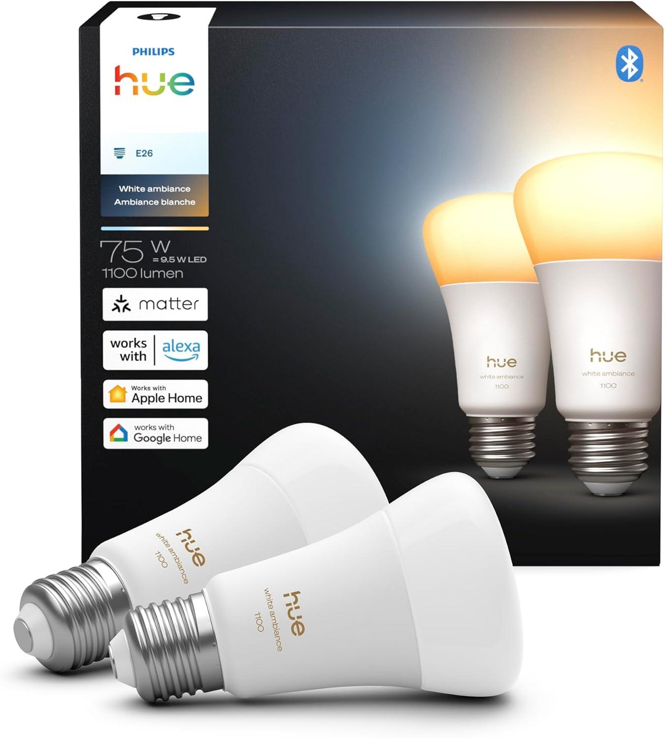 imagePhilips Hue Smart LED A19 Bulb White Ambiance E26 Base 95W Full Spectrum Light 1000K20000K 1100 Lumens Dimmable Works with Alexa Google and Apple Home 2pkRevamped