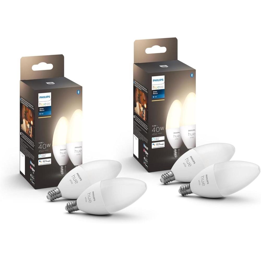 imagePhilips Hue Smart 40W B39 CandleShaped LED Bulb  Soft Warm White Light  4 Pack  450LM  E12  Indoor  Control with Hue App  Compatible with Alexa Google Assistant and Apple Homekit
