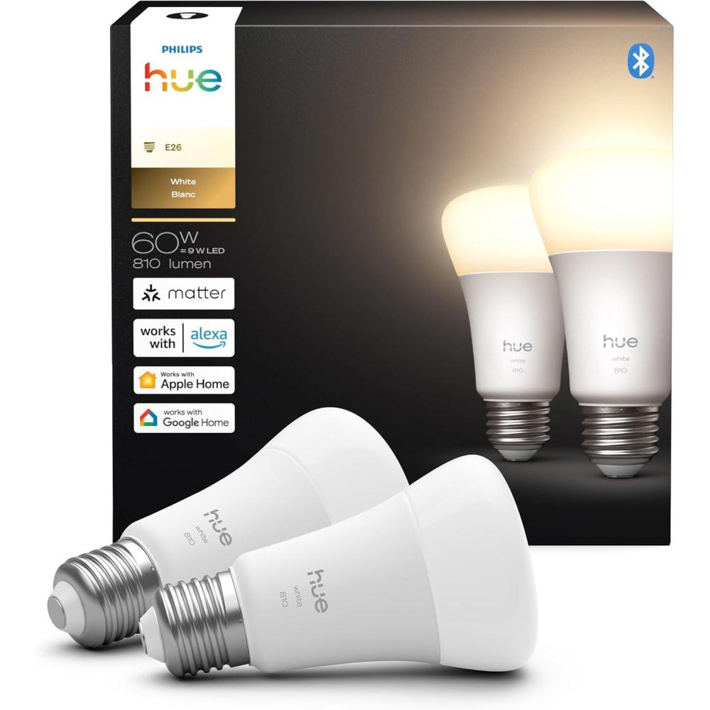 imagePhilips Hue Smart 60W A19 LED Bulb Soft Warm White Light 4 Pack 800LM E26 Indoor Control with Hue App Works with Alexa Google Assistant and Apple HomekitRevamped