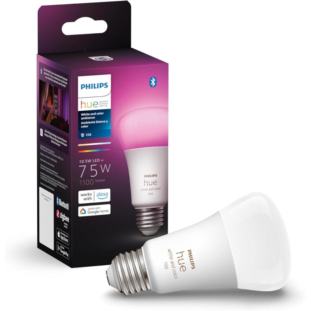 imagePhilips Hue Smart LED A19 Bulb 1Pack White amp Color Ambiance E26 Base 105W Full Spectrum Light 1000K20000K 1100 Lumens Dimmable Works with Alexa Google AppleOriginal