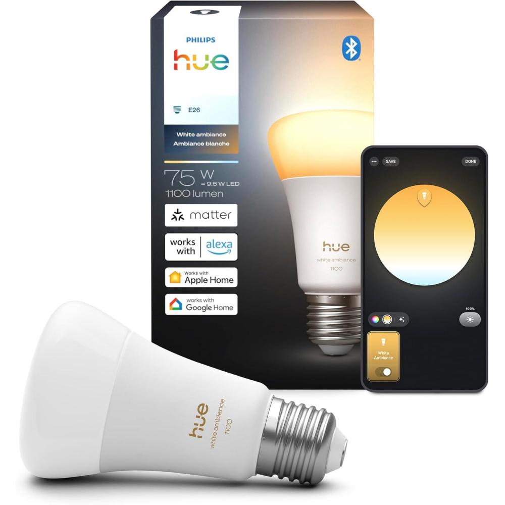 imagePhilips Hue Smart LED A19 Bulb White Ambiance E26 Base 95W Full Spectrum Light 1000K20000K 1100 Lumens Dimmable Works with Alexa Google and Apple Home 2pkRevamped