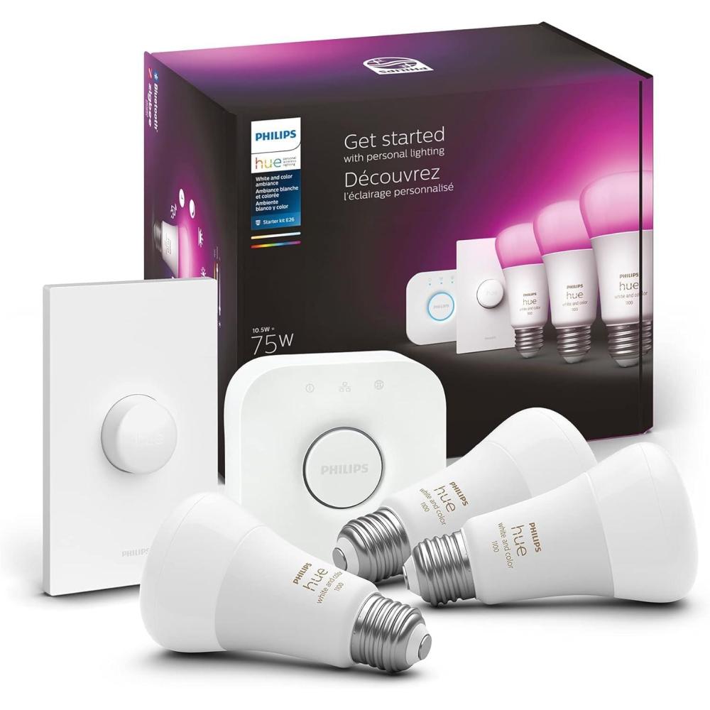 imagePhilips Hue Smart Light Starter Kit  Includes 1 Bridge 1 Smart Button and 3 Smart 75W A19 LED Bulbs  White and Color Ambiance  1100LM  E26  Control with Hue App or Voice AssistantStarter Kit 75W  Smart Button