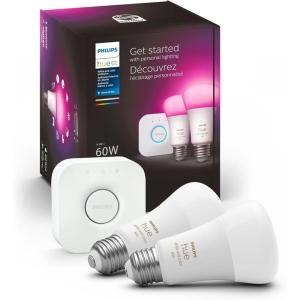 Philips Hue Smart Light Starter Kit – Includes (1) Bridge, (1) Smart Button and (3) Smart 75W A19 LED Bulbs – White and Color Ambiance – 1100LM – E26 – Control with Hue App or Voice Assistant(Starter Kit (60W))