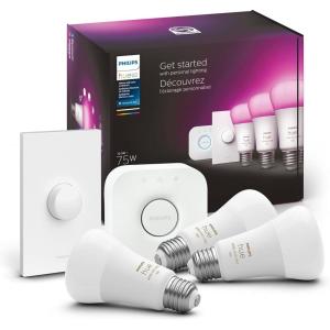 Philips Hue Smart Light Starter Kit – Includes (1) Bridge, (1) Smart Button and (3) Smart 75W A19 LED Bulbs – White and Color Ambiance – 1100LM – E26 – Control with Hue App or Voice Assistant(Starter Kit (75W) + Smart Button)
