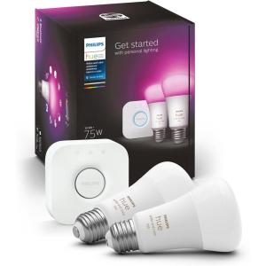 Philips Hue Smart Light Starter Kit – Includes (1) Bridge, (1) Smart Button and (3) Smart 75W A19 LED Bulbs – White and Color Ambiance – 1100LM – E26 – Control with Hue App or Voice Assistant(Starter Kit (75W))