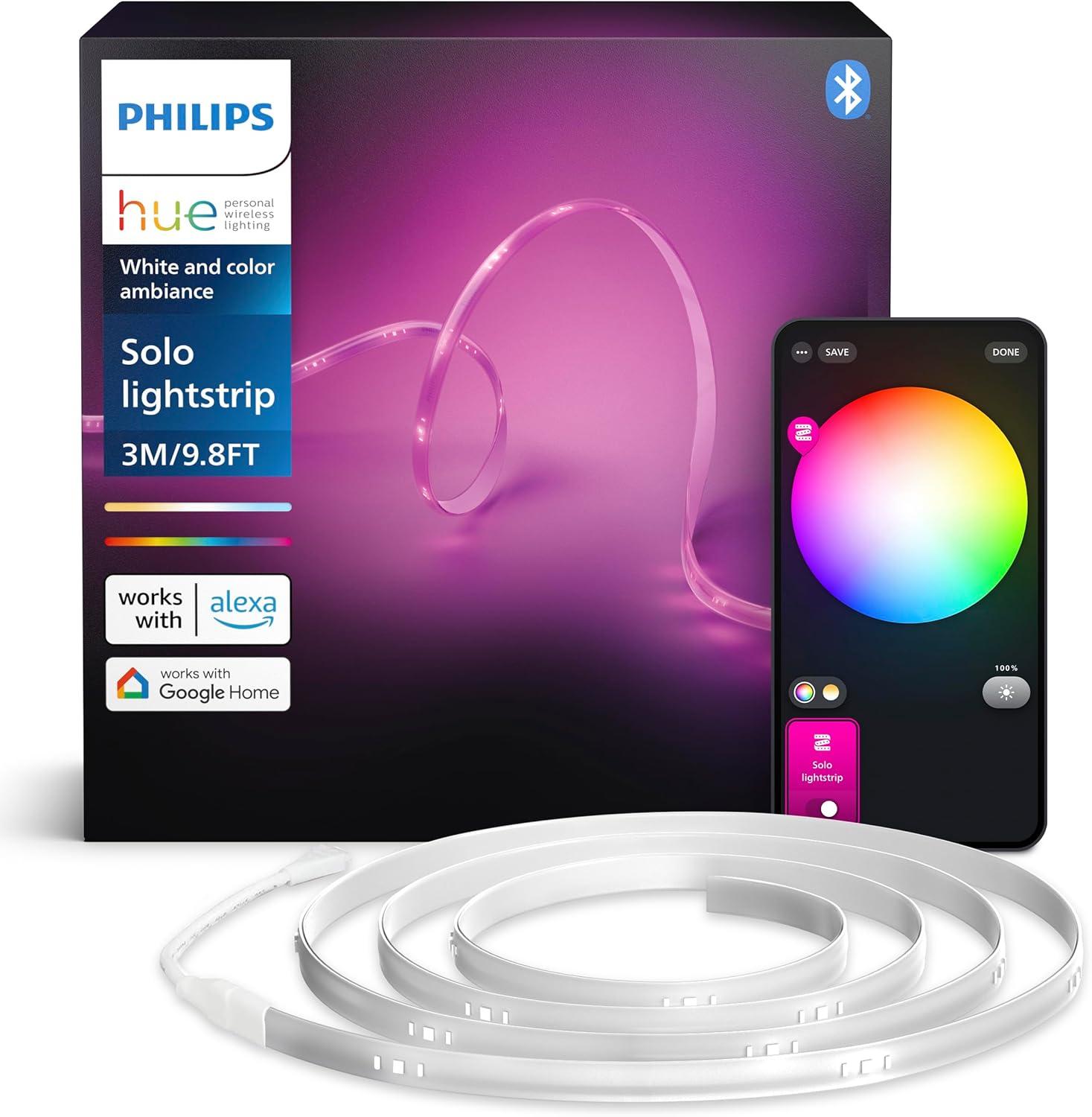 imagePhilips Hue Indoor 10 Ft Smart LED Solo Lightstrip Base Kit Bundle with Bridge Control with Hue App Compatible with Alexa Google Assistant Apple HomeKit