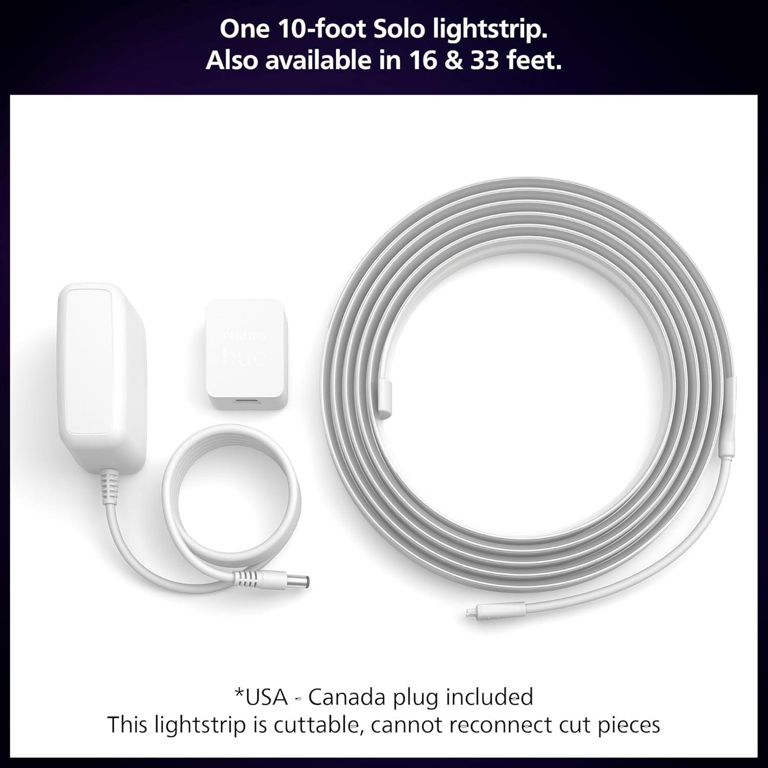 imagePhilips Hue Indoor 10 Ft Smart LED Solo Lightstrip Base Kit Bundle with Bridge Control with Hue App Compatible with Alexa Google Assistant Apple HomeKit