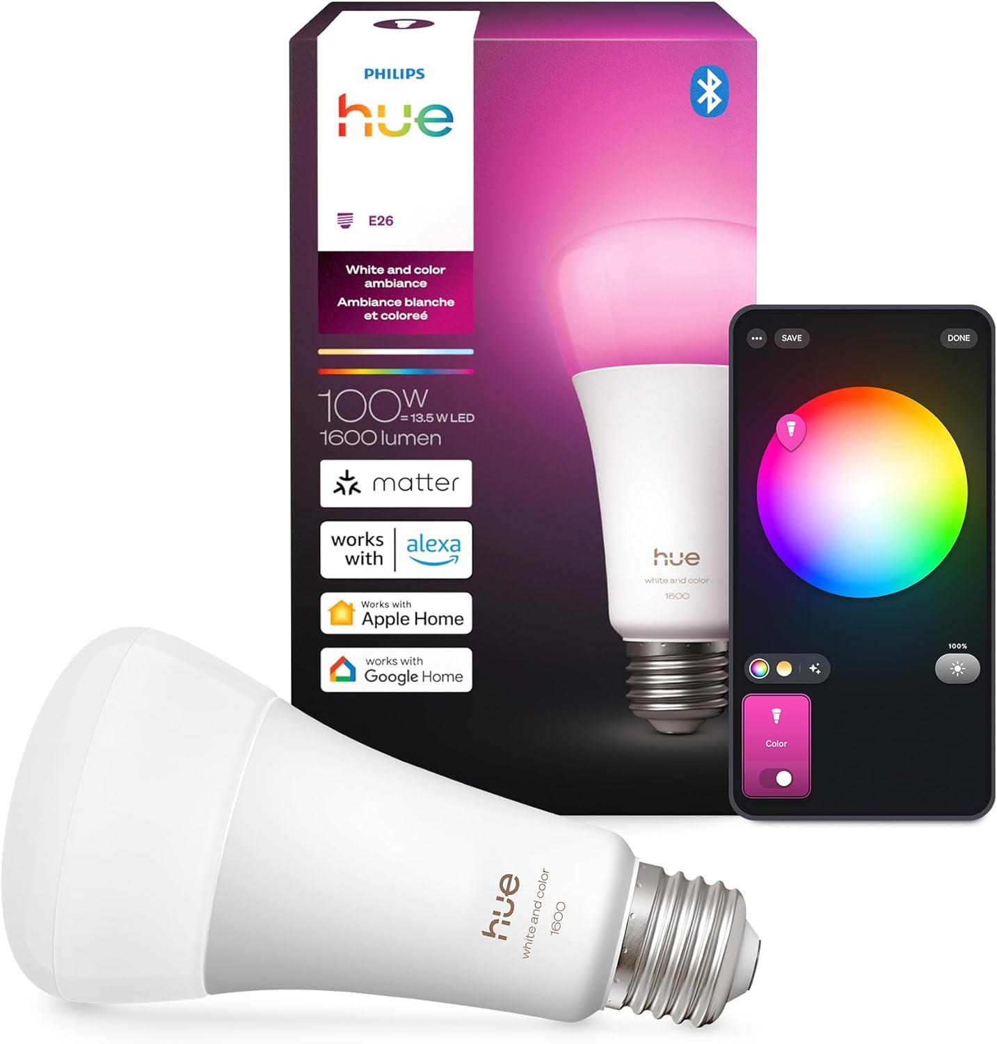 imagePhilips Hue Smart 100W A21 LED Bulb White and Color Ambiance ColorChanging Light 4 Pack 1600LM E26 Indoor Control with Hue App Works with Alexa Google Assistant and Apple HomekitChromasync
