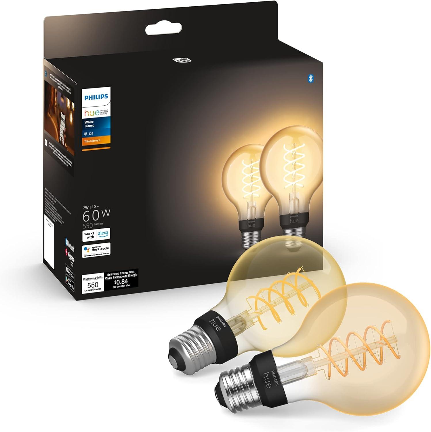imagePhilips Hue Smart 60W G25 Filament LED Bulb Soft Warm White Light 2 Pack 550LM E26 Indoor Control with Hue App Compatible with Alexa Google Assistant and Apple HomekitWhite
