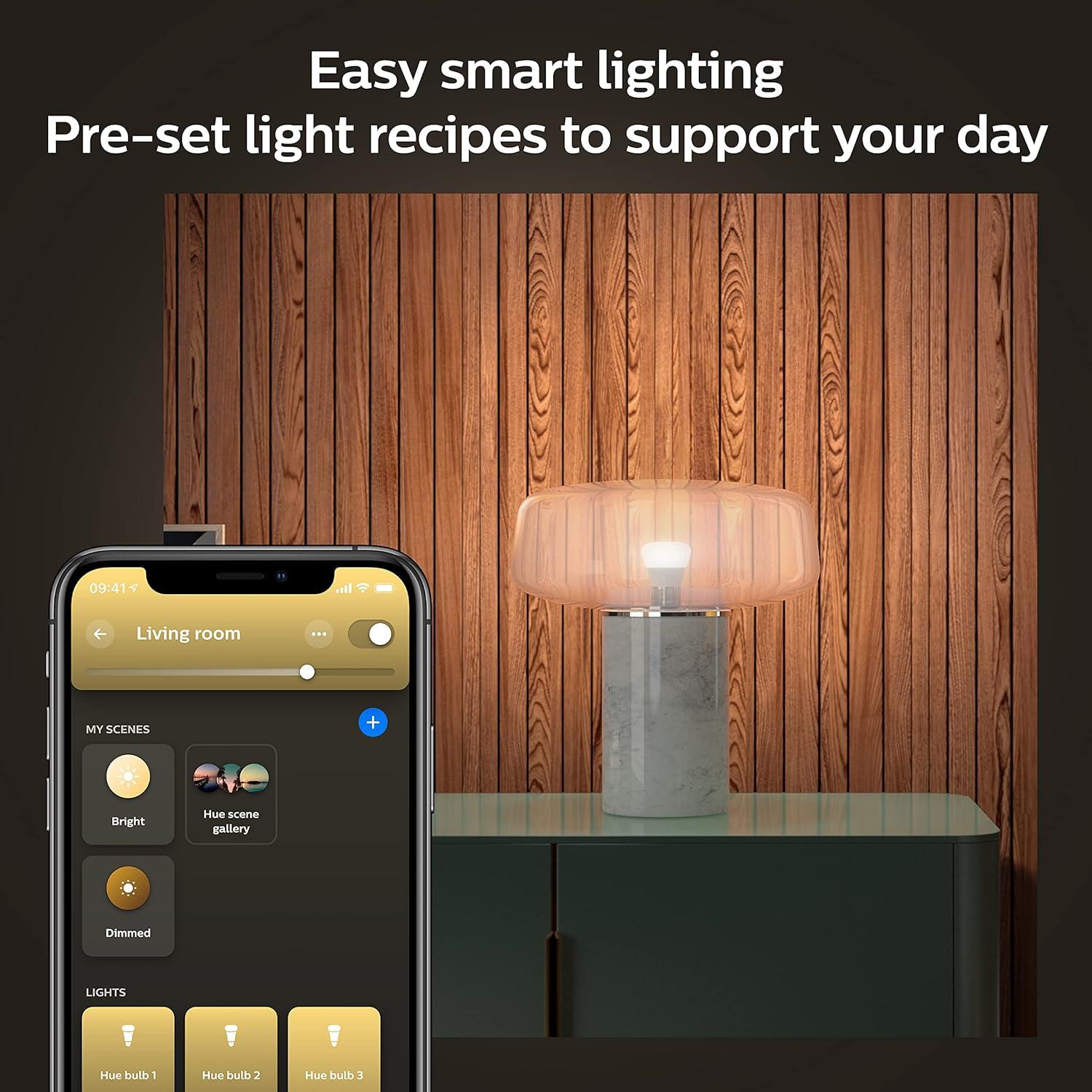 imagePhilips Hue White Smart Light Starter Kit Includes 1 Bridge and 2 75W A19 E26 LED Smart Soft White Bulbs Control with App Compatible with Alexa Google Assistant and Apple HomeKitWhite Dimmable Only