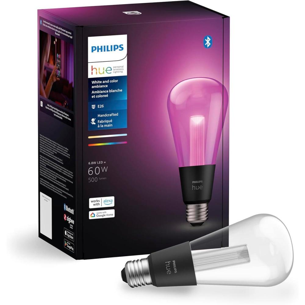 imagePhilips Hue Lightguide TR125 Triangle Smart LED Bulb Handblown Glass Color Changing Light Compatible with Amazon Alexa Apple HomeKit and Google Assistant Bluetooth and Hue Bridge CompatibleEdison ST23