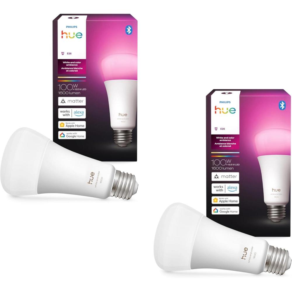 imagePhilips Hue Smart 100W A21 LED Bulb White and Color Ambiance ColorChanging Light 4 Pack 1600LM E26 Indoor Control with Hue App Works with Alexa Google Assistant and Apple HomekitChromasync
