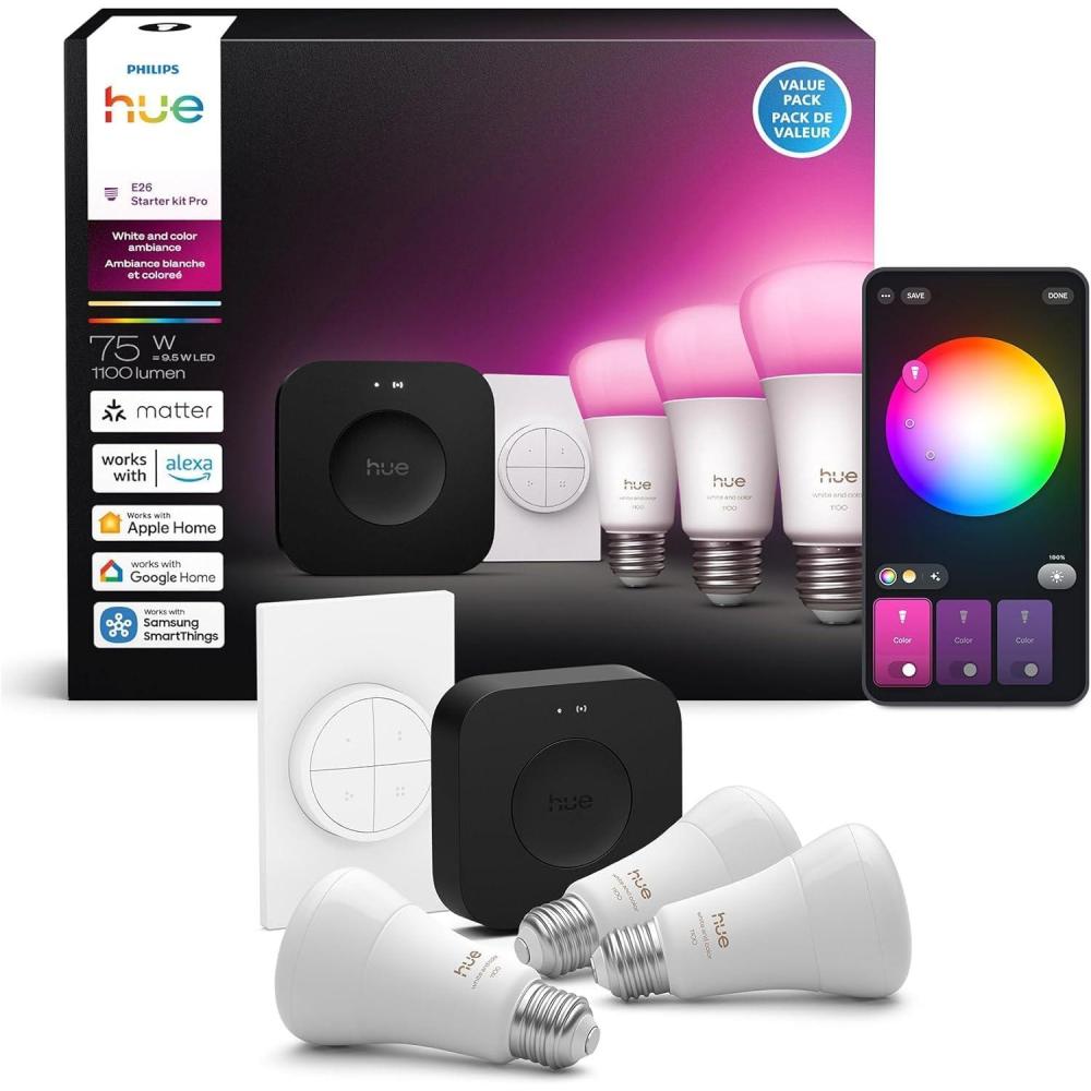 imagePhilips Hue Starter Kit Bridge Pro  3 A19 E26 Smart Bulbs  Tap Dial Switch White and Color Ambiance Smart Light Hub Works with Voice3 Pack