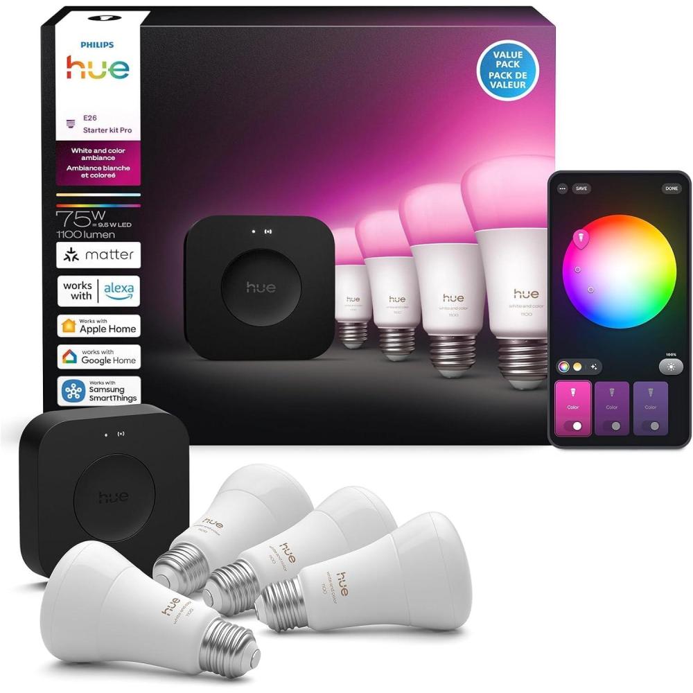 imagePhilips Hue Starter Kit Bridge Pro  3 A19 E26 Smart Bulbs  Tap Dial Switch White and Color Ambiance Smart Light Hub Works with Voice4 Pack