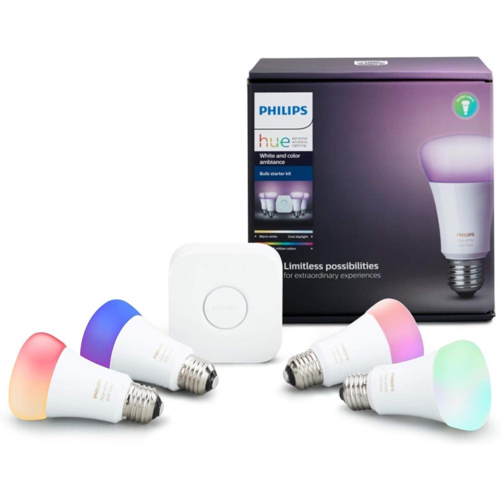 imagePhilips Hue White Smart Light Starter Kit  Includes 1 Bridge and 2 75W A19 E26 LED Smart Soft White Bulbs  Control with App  Compatible with Alexa Google Assistant and Apple HomeKitWhite and Color Ambiance 16 Million Colors