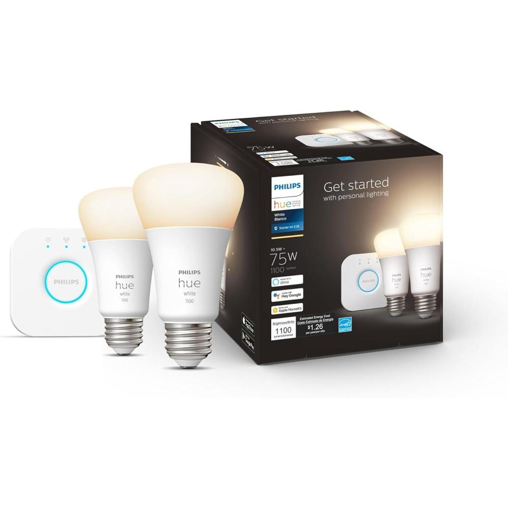 imagePhilips Hue White Smart Light Starter Kit  Includes 1 Bridge and 2 75W A19 E26 LED Smart Soft White Bulbs  Control with App  Compatible with Alexa Google Assistant and Apple HomeKitWhite Dimmable Only