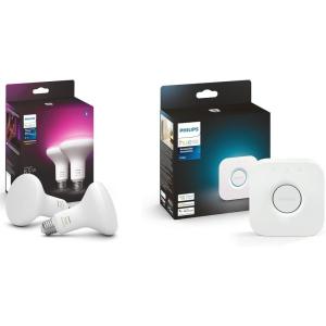 Philips Hue Smart Lighting Bundle: 2-Pack BR30 LED Smart Light Bulbs (White and Color Ambiance) with Philips Hue Bridge – Control with Hue App, Compatible with Alexa, Google Assistant, Apple Homekit