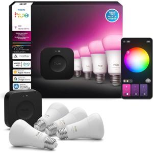 Philips Hue Starter Kit: Bridge Pro + 3 A19 E26 Smart Bulbs + Tap Dial Switch, White and Color Ambiance, Smart Light Hub, Works with Voice(4 Pack)